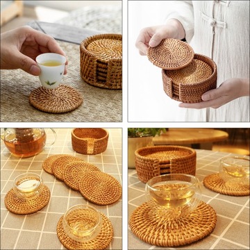 КРУГЛЫЕ ТАРЕЛКИ ИЗ РОТАНГА, КОФЕЙНЫЕ УКРАШЕНИЯ, ЧАЙНЫЕ ЧАШКИ, ИЗ НАТУРАЛЬНОЙ ТКАНИ.