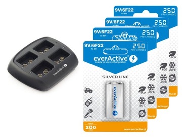 4 аккумулятора 6F22 9В + зарядное устройство Everactive SET