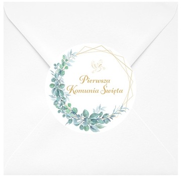 Naklejki Komunijne Pierwsza Komunia Święta Ozdoba Eukaliptus Boho 75mm 4szt