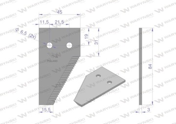Нож жаточный концевой 84x45x3мм отв. 6,5 24 зубца аппликация 6112041 Claas W