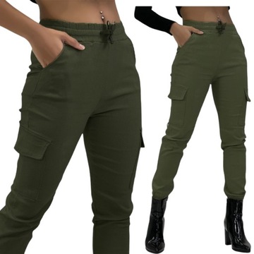 W774 KHAKI ZIELONE BOJÓWKI SPODNIE NA GUMCE GUMIE z kieszeniami S/M