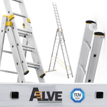 Drabina aluminiowa 3x12 ALVE FORTE + KOŁA I HAK