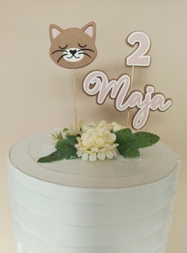 Топпер для торта - кот, котенок, имя и номер - пудрово-розовый.