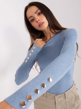 SWETER damski CIĄGLIWY prążkowany ozdobne rękawy F39 c.niebieski M/L