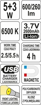 YATO - COB СВЕТОДИОДНАЯ ЛАМПА ДЛЯ МАСТЕРСКИХ 5Вт + 3Вт