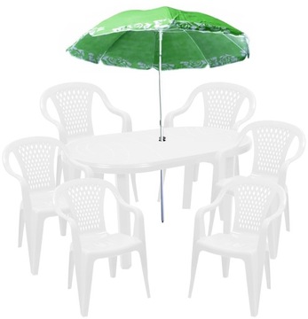 ZESTAW BIAŁY 6+1 DUŻY STÓŁ PLASTIK + PARASOL OGRÓD