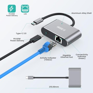 Адаптер Ethernet (RJ45) для док-станции USB C с портом зарядки 60 Вт