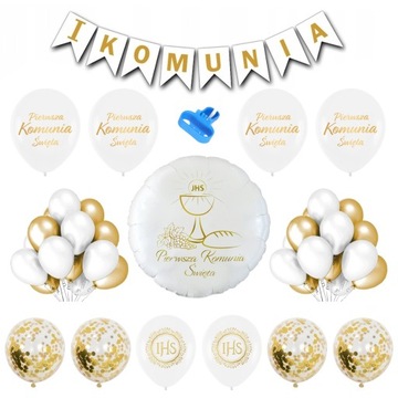 PIERWSZA KOMUNIA ŚWIĘTA BALONY KOMUNIJNE ZESTAW DEKORACJA 31 szt. GRATIS