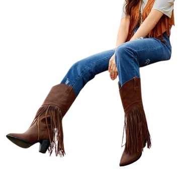 DAMSKIE BRĄZOWE KOZAKI KOWBOJKI FRĘDZLE 39 ŁKA