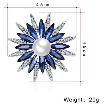 Broszka - koreański kwiat kryształ niebieski z perła - wersja srebrna