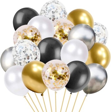 Balony srebrne czarne i złote konfetti DUŻE mocne P33