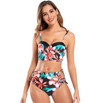 BIKINI STRÓJ KĄPIELOWY WYSOKI STAN LIŚĆ KWIAT L
