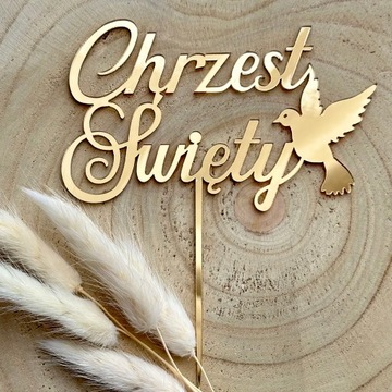 Chrzest Święty z gołąbkiem 12cm Topper na Chrzciny PLEXI ZŁOTE lustro