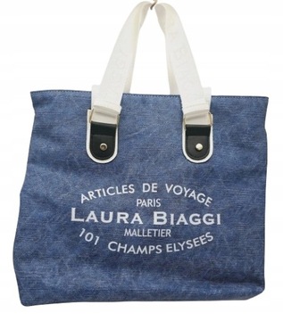 Laura Biaggi - sportowa torebka shopper ciemny niebieski jeans nadruk JS157