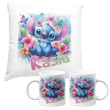 ZESTAW KUBEK + PODUSZKA STITCH LILO IMIĘ prezent DLA DZIECKA URODZINY
