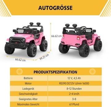 Детский электромобиль 12В с дистанционным управлением, Красный/Черный/Белый/Розовый