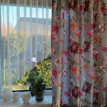 ДЕКОРАТИВНАЯ ТКАНЬ БОЛЬШИЕ ЦВЕТЫ на сером фоне, ШИРИНА 150СМ.