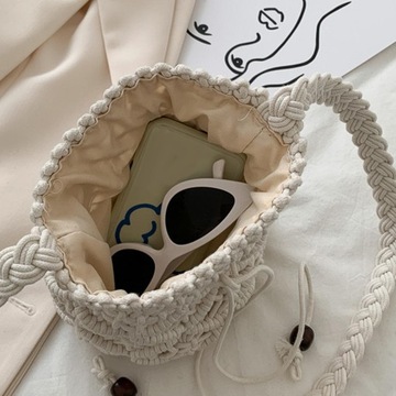Elegancka tkana torba na ramię Torba typu Bucket Torebka na telefon ze sznurkiem w kolorze białym