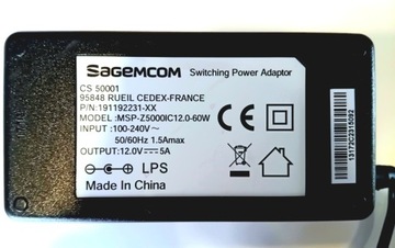 Zasilacz Sagemcom MSP-Z5000IC12.0 60W 12V 5A LAPTOP