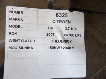 CITROEN C6 VENTILÁTOR CHLADIČŮ 2,7HDI