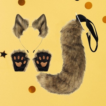 Комплект костюмов с хвостовыми ушками и лисьим хвостом для взрослых Кофе