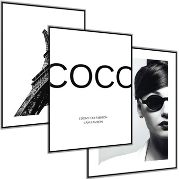 3 x PLAKAT OBRAZ 50x70 COCO PARYŻ CZARNO BIAŁY WIEŻA EIFFLA MODA STYL