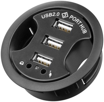 Przepust kablowy 60 mm z hubem 3x USB + audio/mic.
