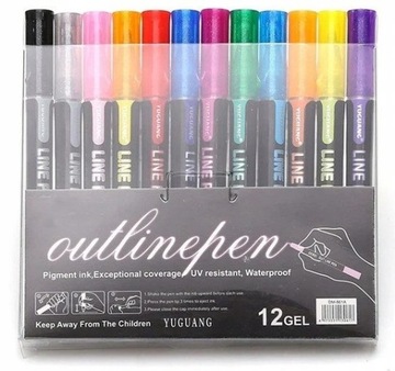 МАРКЕРЫ С БЛЕСКАМИ МЕТАЛЛИЧЕСКИЕ ДВУХЛИНИРОВЫЕ КОНТУРНЫЕ ДЕКОРАТИВНЫЕ МАРКЕРЫ 12 ШТ.