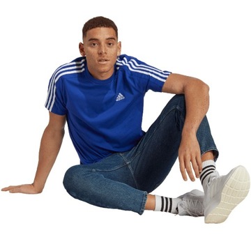 Koszulka męska adidas essentials single jersey 3-stripes niebieska ic9338 L