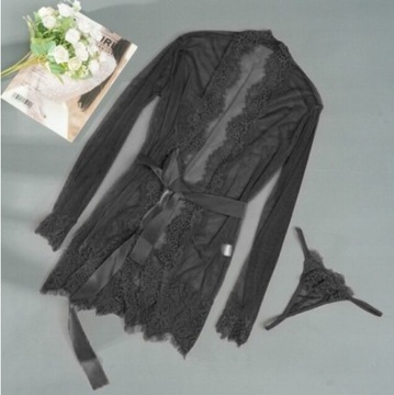 Женское нижнее белье Черный халат + кружевные стринги