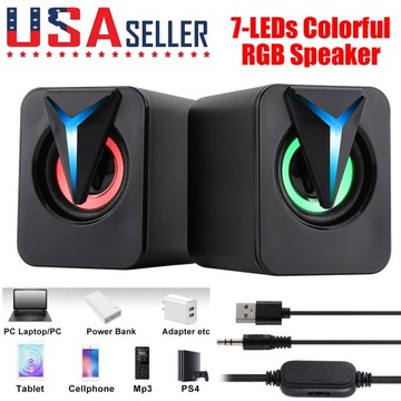 1 Pairs Computer Speakers, Stereo 2.0 PC Speakers with 7LEDs Lighting