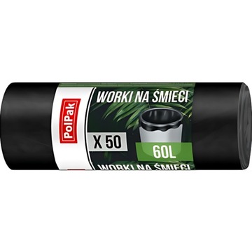 PolPak Czarne Worki na Śmieci Wytrzymałe 60L 50 Sztuk