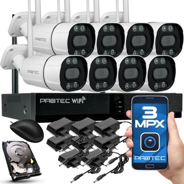 KOMPLETNY ZESTAW MONITORINGU WIFI 8 KAMER 3MP ZDALNY DOSTĘP PRZEZ APLIKACJĘ