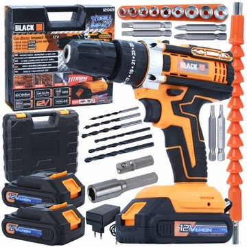 WIERTARKA WKRĘTARKA AKU 12V UDAR 2x 2Ah Li-Ion ZESTAW XXL 24PCS BLACK
