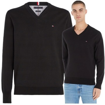 sweter meski tommy hilfiger czarny w serek elegancki małe logo bawełniany