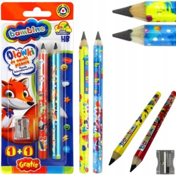 Треугольные толстые письменные карандаши 2шт + точилка Bambino