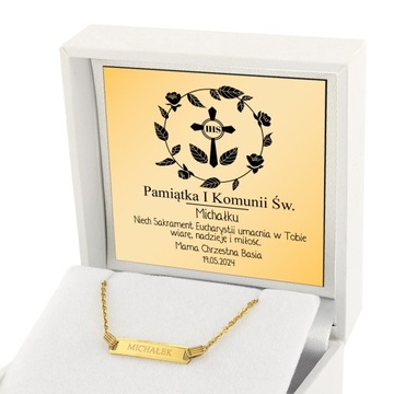 Złota bransoletka 585 z blaszką prezent KOMUNIA Pamiątka Komunii + GRAWER