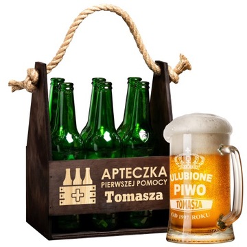 ZESTAW NOSIDŁO SKRZYNKA NA PIWO + KUFEL Z GRAWEREM