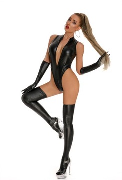 Women PU Faux Leather Latex Bodysuit + Gloves + St