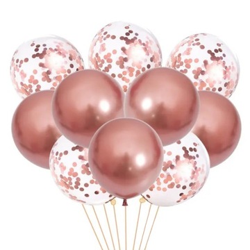 BALONY DUŻE ROSE GOLD Z KONFETTI URODZINY WESELE ŚLUB ZESTAW 10 SZT