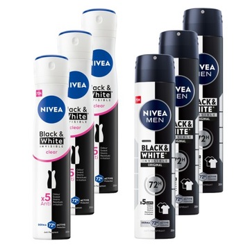 NIVEA BLACK&WHITE Antyperspirant w sprayu Damski 200ml x3 + Męski 200ml x3