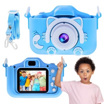 Aparat Cyfrowy Fotograficzny Kotek Niebieski Dla Dzieci Kamera + Gry etui
