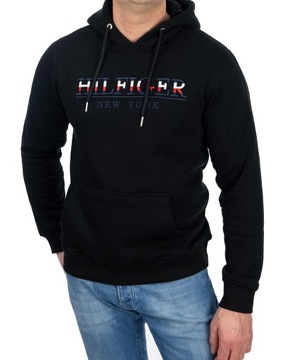 BLUZA TOMMY HILFIGER MĘSKA DUŻE KOLOROWE LOGO CZARNA Z KAPTUREM S