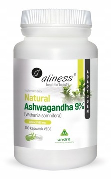 ALINESS Natural Ashwaganda 580mg 9% STRES 100 kapsułek VEGE bez glutenu