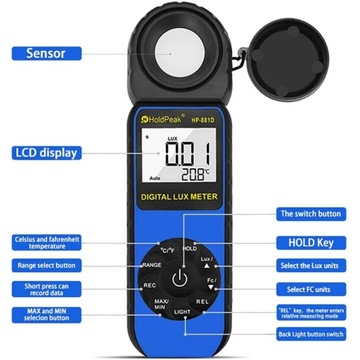 Cyfrowy miernik natężenia oświetlenia Holdpeak HP-881D