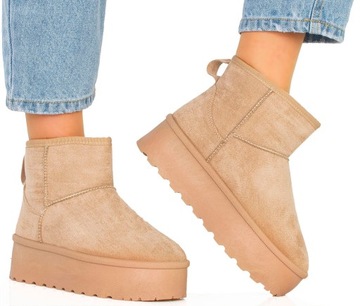 7906 БЕЖЕВЫЕ УТЕПЛЕННЫЕ СНЕЖНЫЕ БОТИНКИ НА ПЛАТФОРМЕ, ТОЛСТАЯ ПОДОШВА 39