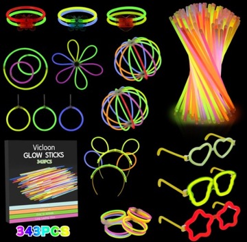 Набор из 343 элементов, 150 светящихся палочек и серег-очков с разъемом.