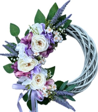 WIANEK KWIATOWY NA DRZWI WIOSENNY STROIK WIENIEC WIKLINOWY BIAŁA RÓŻA