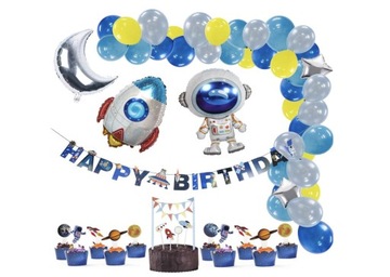 BALONY MEGA ZESTAW URODZINOWY ASTRONAUTA KOSMOS BANER TOPPERY RAKIETA