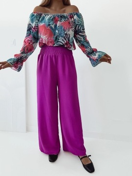 Spodnie damski szeroka nogawka guma w pasie zwiewne fiolet